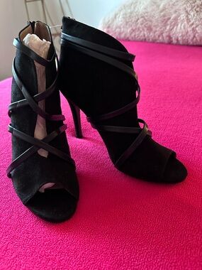 Journee Collection Black Suede Open-Toe Stiletto Booties with Strappy Detail